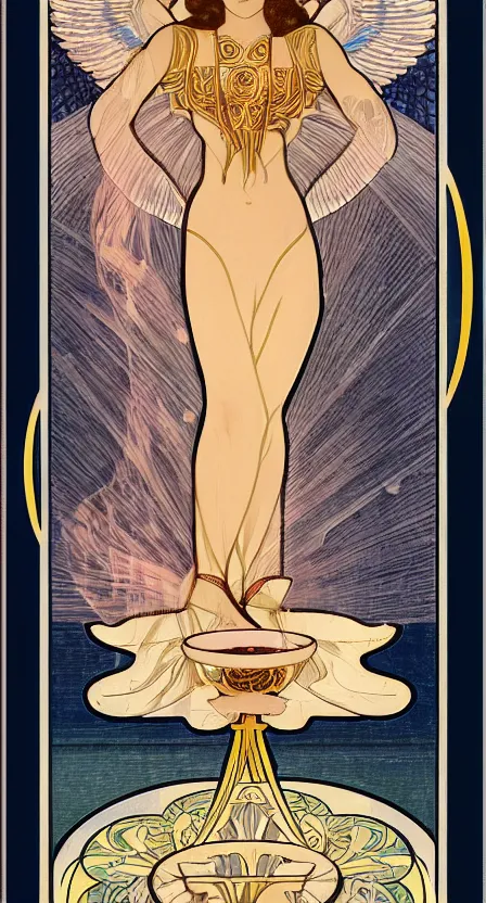 Prompt: a tarot card of a woman, hovering over water with angel wings and she is pouring water between two cups. illustrated in an art deco style by tamara de lempika and an elegant border by alphonse mucha. | studio lighting | digital painting, stunning lighting, trending on artstation