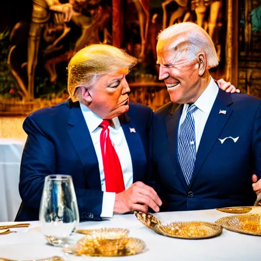 Image similar to Trump and Biden having dinner at a fancy Balinese restaurant, award winning photography, 85mm, perfect faces