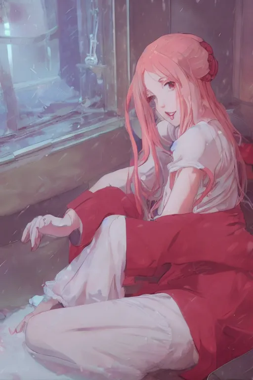 Prompt: a girl in a maid's outfit in the bedroom a night, raining outside the window, red theme, wavy white long hair, by krenz cushart and mucha and akihito yoshida and greg rutkowski and makoto shinkai, 4 k resolution