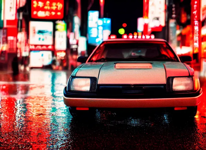 Prompt: close up macro shot of a ae 8 6 car on wet tokyo street at night, intricate, hyper detailed, smooth, high contrast, neon, volumetric lighting, octane, moebius, greg rutkowski, blade runner, ridley scott, cinematic