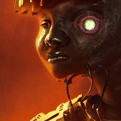 Prompt: a dark and ominous cyborg african child soldier with glowing eyes and facial scarification marks and gold teeth, Apex Legends character digital illustration portrait design, by android jones and greg rutkowski in a cyberpunk voodoo style, detailed, cinematic lighting, wide angle action dynamic portrait