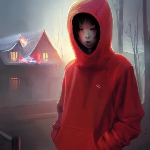 Prompt: a boy in a hoodie, red eyes, a burning house in the background, by Stanley Artgerm Lau, WLOP, Rossdraws, James Jean, Andrei Riabovitchev, Marc Simonetti, Yoshitaka Amano, ArtStation, CGSociety,