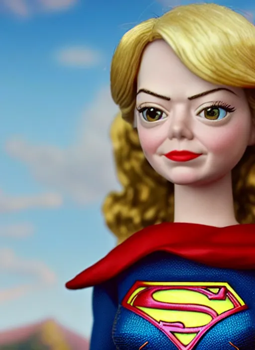 Image similar to highly detailed closeup, face profile portrait of a tin toy emma stone as supergirl as a fairytale princess wearing a crown, bikini, unreal engine, nicoletta ceccoli, mark ryden, earl norem, lostfish, global illumination, detailed and intricate environment