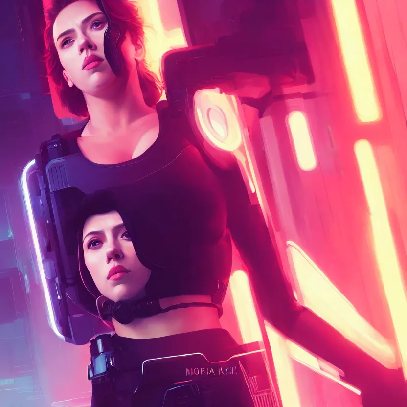 Image similar to 3 / 4 portrait, scarlett johansson as major mira killian from ghost in a shell, night, crop top, beautiful, in a modern city, neon signs, jewelry, artstation, william bouguereau, rossdraws, greg rutkowski, super detailed, realistic, octane render, volumetric, cinematic, 8 k