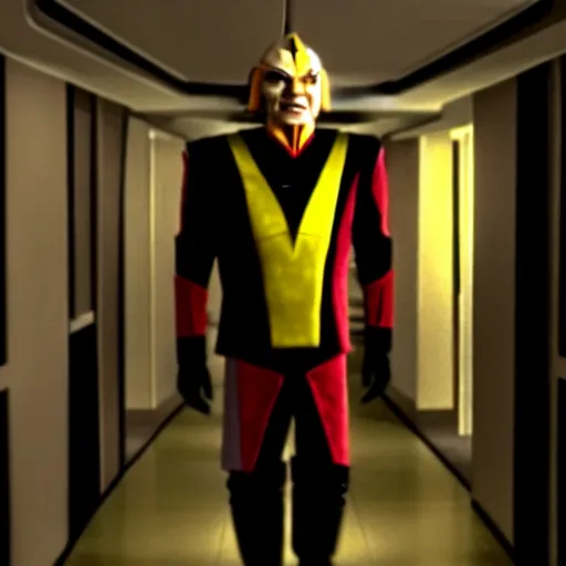 Image similar to a Klingon standing in a Star Trek Federation hallway