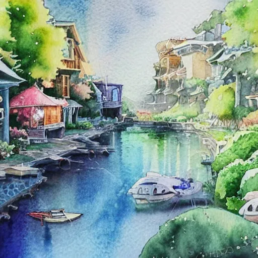 Prompt: Beautiful happy picturesque charming sci-fi town in harmony with nature. Beautiful light. Water and plants. Nice colour scheme, soft warm colour. Beautiful detailed artistic watercolor by Vincent. (2060)