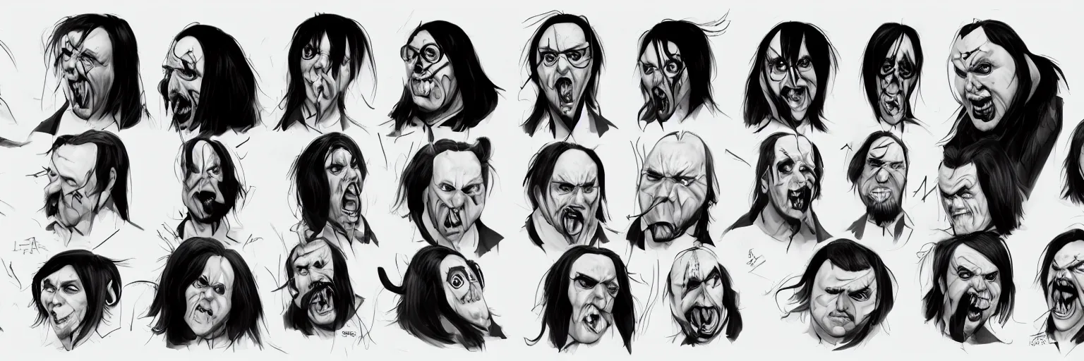 Image similar to character study of marilyn manson and jack black, clear faces, wild, crazy, character sheet, fine details, concept design, contrast, kim jung gi, pixar and da vinci, trending on artstation, 8 k, full body and head, turnaround, front view, back view, ultra wide angle