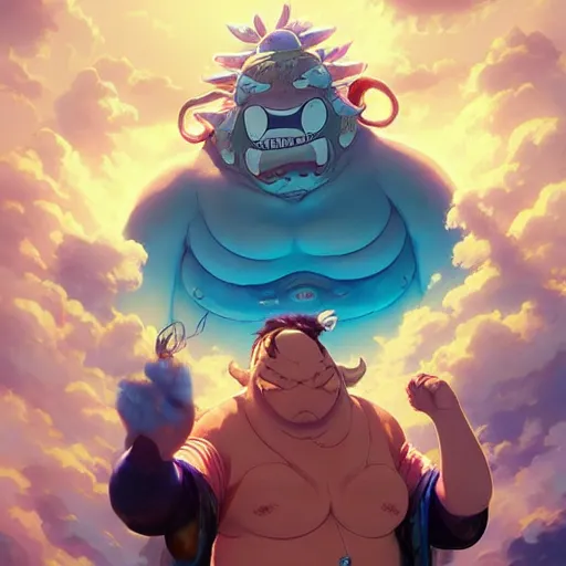 Image similar to jinbe by eiichiro oda!, greg rutkowski, loish, rhads, beeple, makoto shinkai, tom bagshaw, alphonse mucha, sharp focus, art by artgerm and greg rutkowski, stanley kubrick, backlit, harsh overhead sunlight,