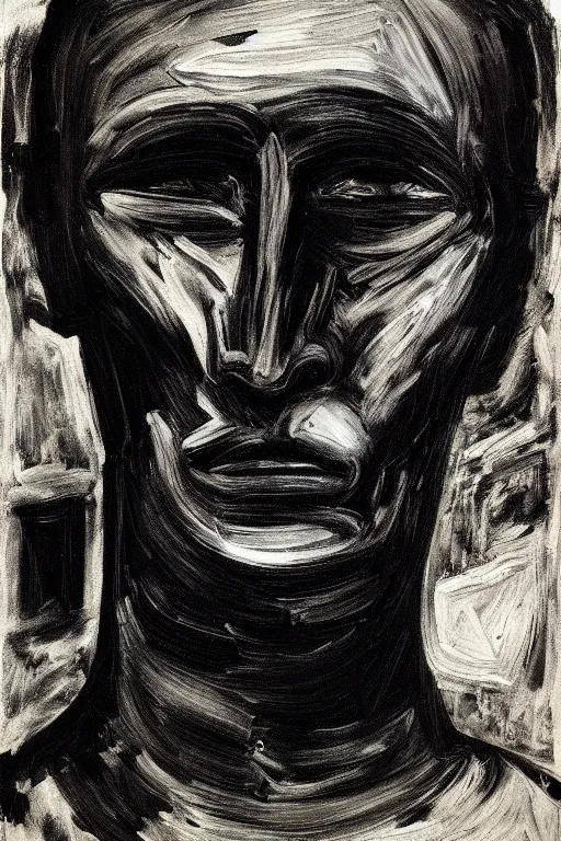 Image similar to a portrait a very ordinary person, by Pierre Soulages, impasto oil paint, black monochrome, anatomically correct, beautiful perfect face, sharp focus, Highly Detailed, heavy brushstrokes