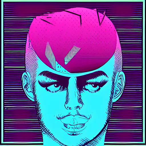 Image similar to a face with a tatoo of semi colon in retro colors, synthwave style, 2 d digital vector art