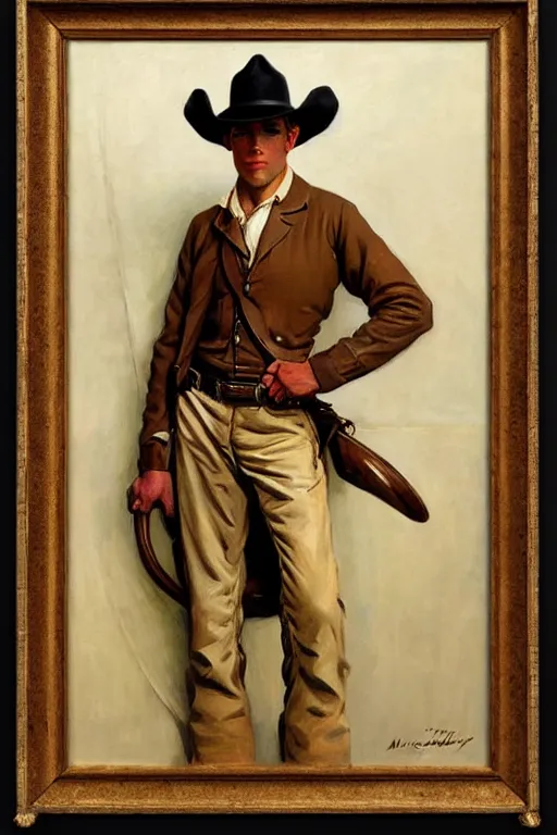 Prompt: attractive cowboy, painting by mark maggiori, j. c. leyendecker