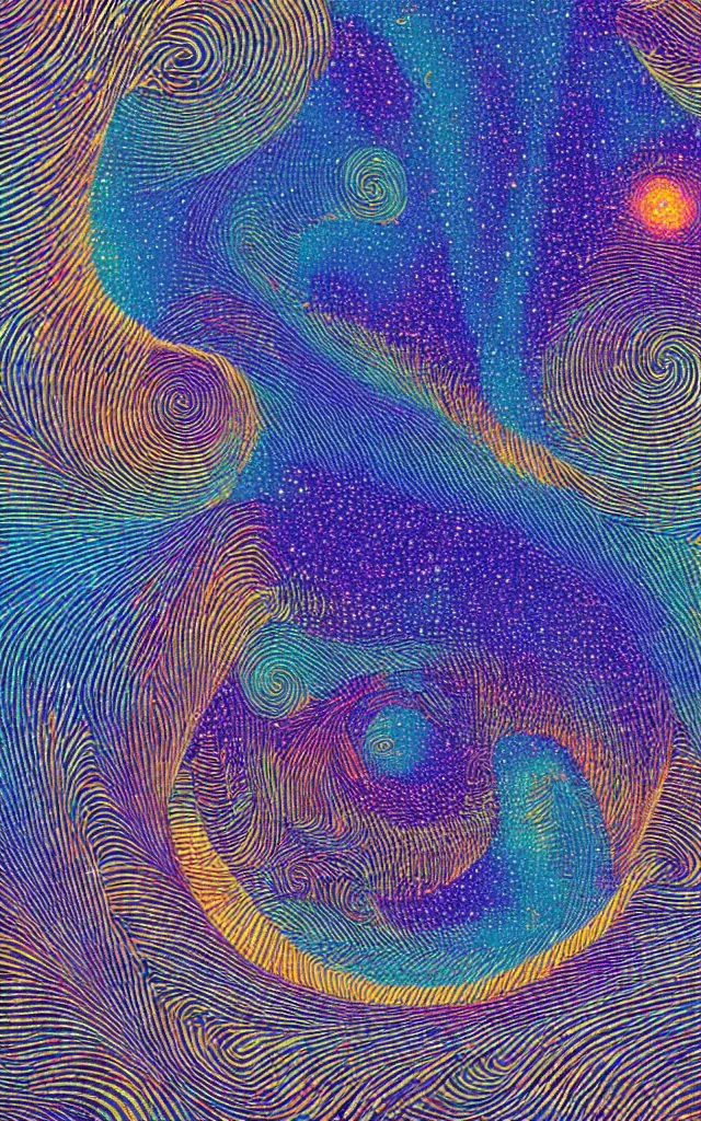 Prompt: wave, particle, synth, frequencies, pattern, osciliation. wave-particle duality. milky way galaxy. textile. retro modern art. jean giraud