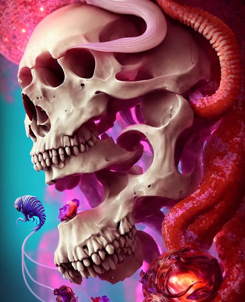 Image similar to goddess close - up portrait human skull, ram skull, squid phoenix jellyfish, orchid, betta fish, bioluminiscent, intricate artwork by tooth wu and wlop and beeple. octane render, trending on artstation, greg rutkowski very coherent symmetrical artwork. cinematic, hyper realism, high detail, octane render, 8 k