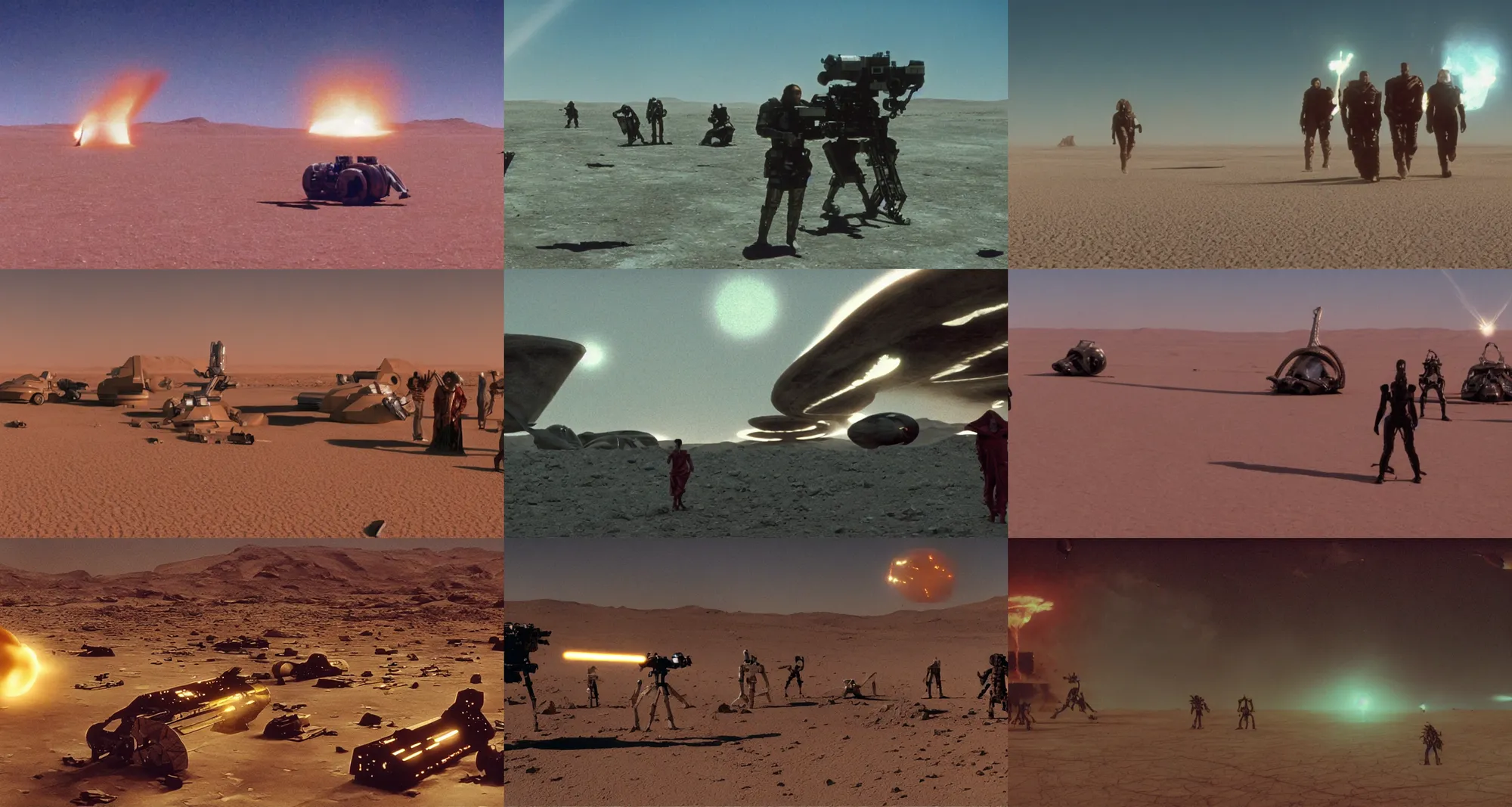 Prompt: the harkonnens destroying the planet in the desert near the abandoned buildings in night arrakis desert, spaceship exploding, laser guns, film still from the movie by alejandro jodorowsky with cinematogrophy of christopher doyle and art direction by hans giger, anamorphic lens, kodakchrome, 8 k,