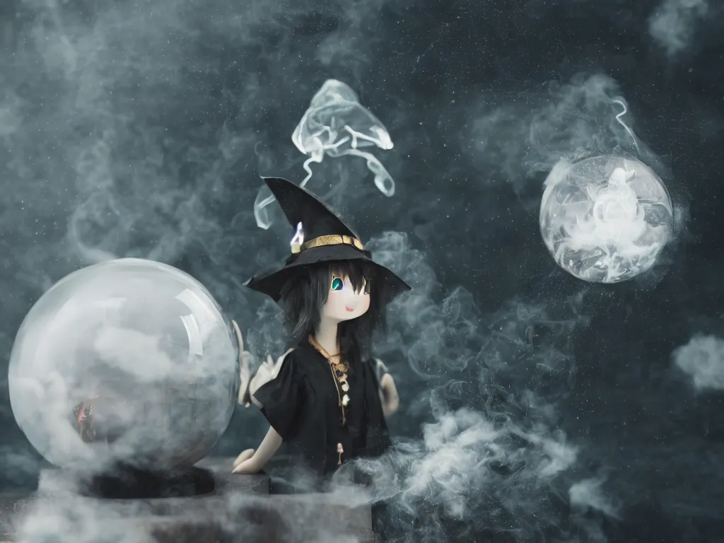 Prompt: cute fumo plush girl witch gazes into a giant crystal ball swirling with smoke and volumetric fog, pagan goddess soothsayer, ritual magic, distorted glass, anime, vray