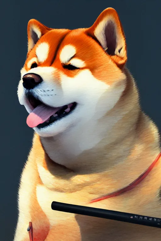 Image similar to close up portrait of shiba inu holding a baseball stick in it's hand, extremely detailed digital painting, in the style of fenghua zhong and ruan jia and jeremy lipking and peter mohrbacher, mystical colors, rim light, beautiful lighting, 8 k, stunning scene, raytracing, octane, trending on artstation