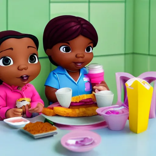 Prompt: fat doc mcstuffins eating mcdonald's, cartoon, extremely detailed, realistic