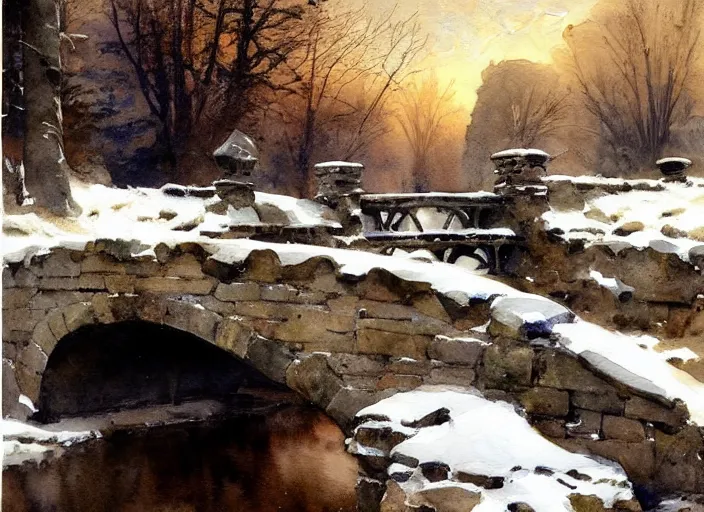 Image similar to watercolor of rustic stone bridge winter landscape, glistering, high detailed art by dennis miller bunker, work by anders zorn, wonderful masterpiece by greg rutkowski, beautiful cinematic light, american romanticism by greg manchess, creation by tyler edlin