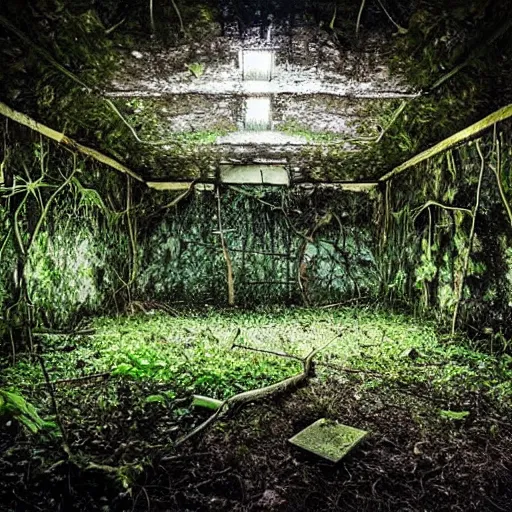 Image similar to abandoned, overgrown, underground bunker. jungle room with trees.