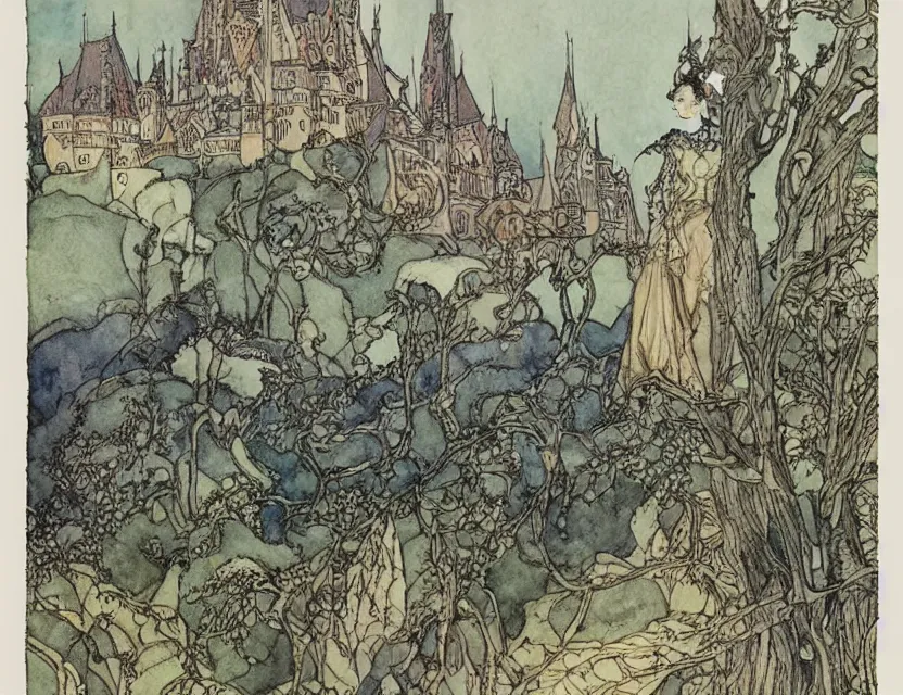 Image similar to a detailed, intricate watercolor and ink illustration with fine lines of the view from the river of an art nouveau castle, by arthur rackham and edmund dulac and lisbeth zwerger