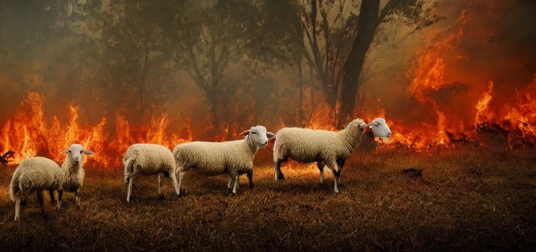 Prompt: full body portrait of three sheep watching a forest fire, smoke, flames, dark, gloomy, horror, screaming, insanely detailed, photorealistic, cinematic, dramatic lighting,