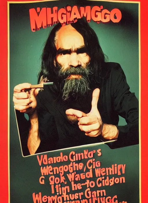 Image similar to vintage magazine advertisement depicting charles manson hosting the muppet show, cinestill grainy film, by alex grey