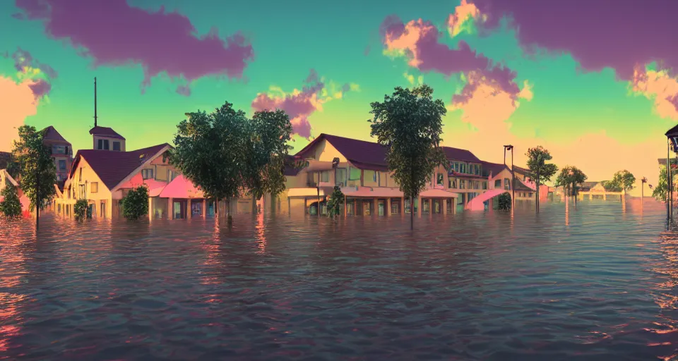 Image similar to 80s vaporwave outrun 3d Render of a german town being flooded at dusk, retro, grainy, noisy