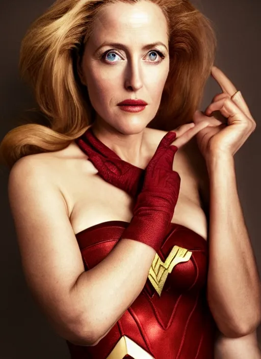 Image similar to full length photo of a gorgeous Gillian Anderson dressed as wonder woman by Mario Testino, detailed, head shot, award winning, Sony a7R