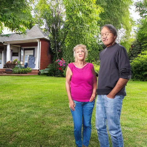 Image similar to a man and a woman around 3 0 years are standing in the backyard of a downtown home. focus on faces, realistic colors, detailed photo 8 k