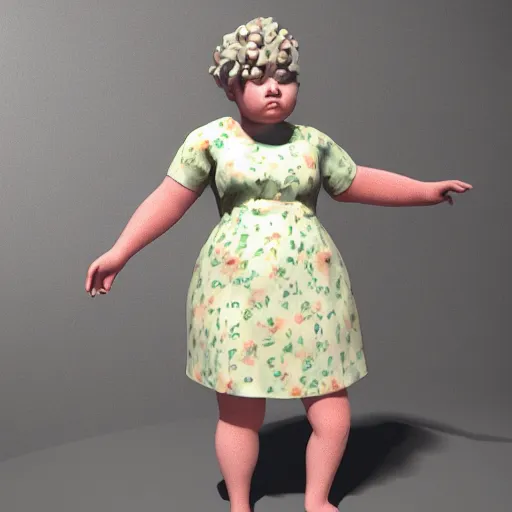 Image similar to the little fat girl is modelling to the camera. flowery dress. wire frame on mesh. 3 d zbrush model. beautiful hands and legs. subsurface scattering shiny skin. beautiful lighting, 4 k post - processing, trending in art station, cg society, highly detailed, 5 k extremely detailed, 3 d. cinematic scene. sharp image