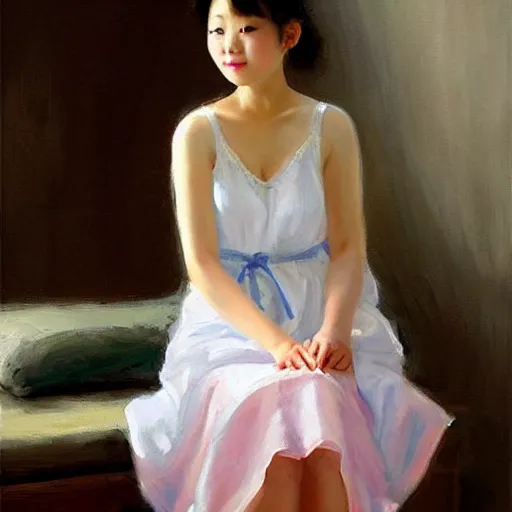 Prompt: Korean girl in nightgown, painting by Vladimir Volegov,