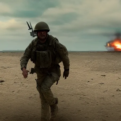 Image similar to soldier running at the camera during normandy landing in the style of the movie lone survivor, ray tracing, cinematic lighting,