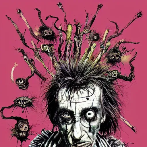 Image similar to graphic illustration, creative design, alice cooper, biopunk, by ralph steadman, francis bacon, hunter s thompson