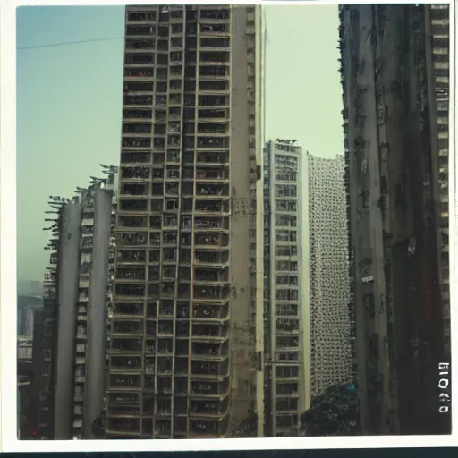 Prompt: polaroid of hong kong slums, skyscrapers, A/C units