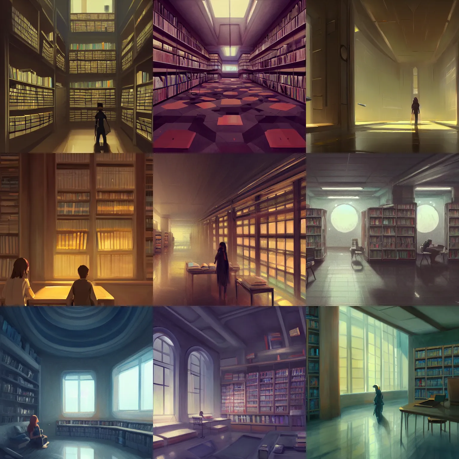 Prompt: Still from inside Argentinian National Library at nigh , scifi concept art, soft lighting, painting Sketch by Makoto Shinkai, painting by Sebastian Luca from artstation