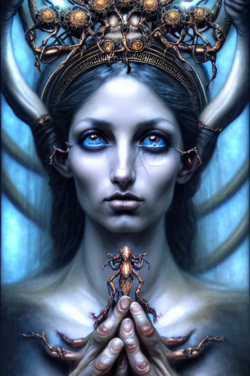 Image similar to A beautiful detailed goddess woman with 6 arms super dark tarot card, gorgeous model face by Stanley Artgerm, by tomasz alen kopera and Justin Gerard, 4 eyes, beautiful symmetrical features, ominous, magical realism, texture, intricate, ornate, royally decorated, melting, whirling smoke, embers, blue adornements, blue torn fabric, radiant colors, fantasy, trending on artstation, volumetric lighting, micro details, 3d sculpture, ray tracing, 8k, anaglyph effect