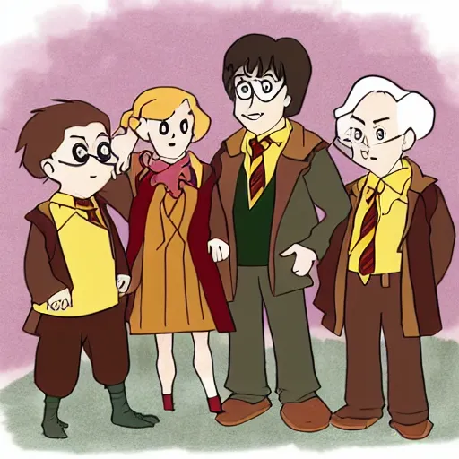 Image similar to Harry Potter, Ron and Hermiona look like ducks from a DuckTales style