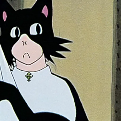 Prompt: a black cat wearing a white wedding dress, Miyazaki, studio ghibli