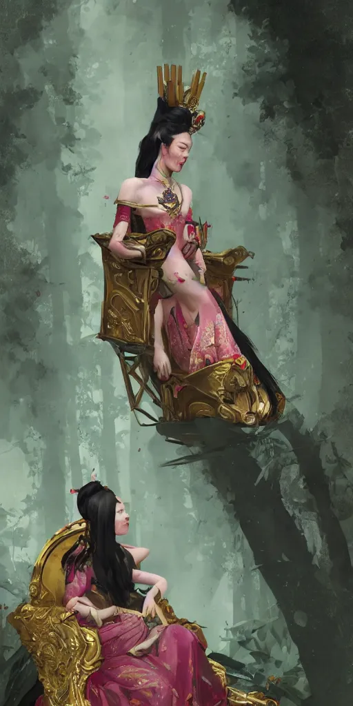 Image similar to Portrait of Stoya as a oriental queen on her throne in the forets, by Sergey Kolesov, trending on Artstation, 8k, masterpiece, graffiti paint, dishonored, fine detail, full of color, intricate detail