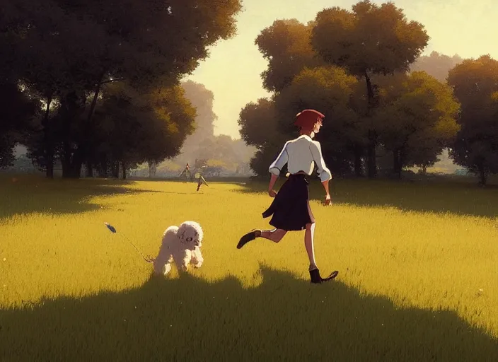 Prompt: france 1 9 2 0's, young adult running with his goldendoodle dog on a green meadow, golden hour, finely detailed perfect art, gapmoe yandere grimdark, trending on pixiv fanbox, painted by greg rutkowski makoto shinkai takashi takeuchi studio ghibli