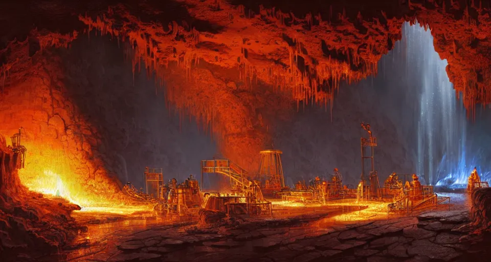 Prompt: a highly detailed digital matte painting of a high-tech smelting pit in a cave, streams of molten iron, workers, by Raphael Lacoste and Stephan Martiniere and Peter Mohrbacher and Robert McCall, volumetric lighting, hyperdetailed, octane render, 8k H- 640