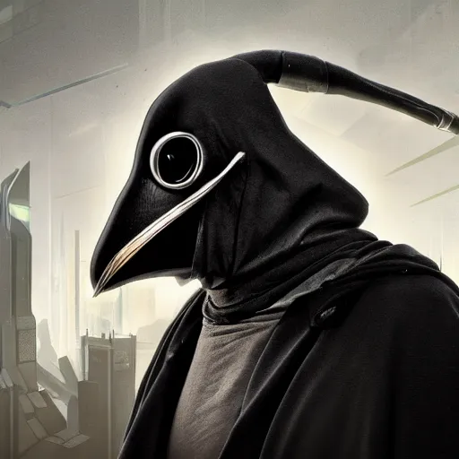 Prompt: cyberpunk inspired plague doctor hacking, 4 k, stunning, shifted angle