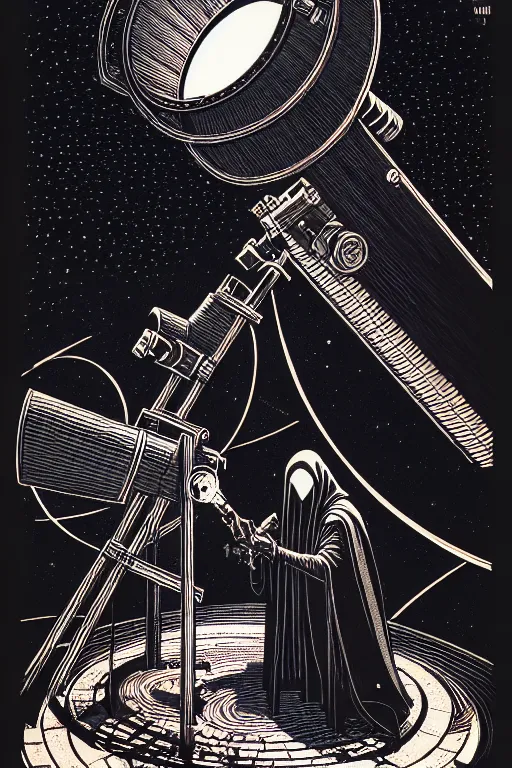 Prompt: cloaked wizard looking into a telescope, high details, intricately detailed, by vincent di fate, inking, 3 color screen print, masterpiece, trending on artstation,, sharp, details, hyper - detailed, hd, 4 k, 8 k