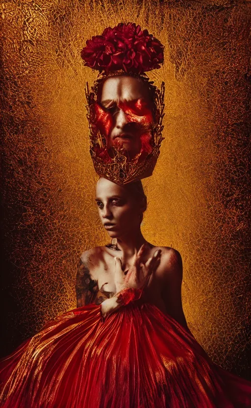 Prompt: 'Portrait of Crowned King Arthur' by Lee Jeffries royally decorated, whirling plasma, atmospheric motes, red and gold Sumptuous garb, gilt silk fabric, radiant colors, fantasy, perfect lighting, studio lit, micro details,