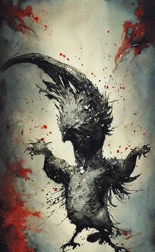 Image similar to detailed terrifying bird god by Jean-Baptiste Monge and frank frazetta , post processing, painterly, book illustration watercolor granular splatter dripping paper texture, ink outlines, painterly, trending on artstation, trending on pinterest childrens art