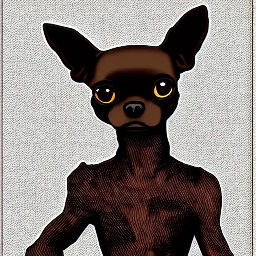 Image similar to a dark brown chihuahua, hyper detailed, in the style of junji ito, full body