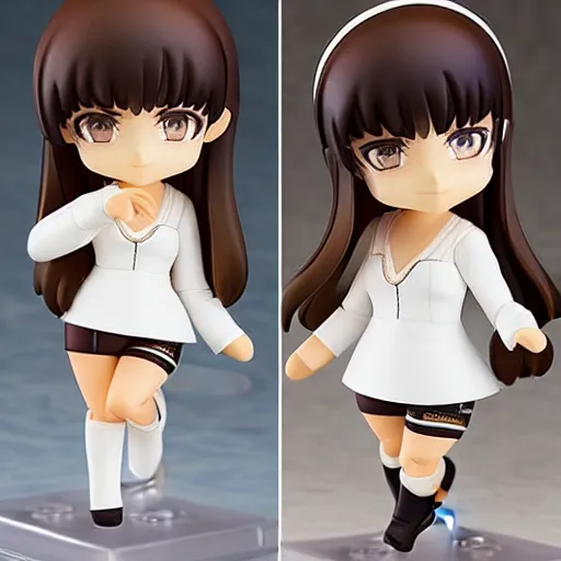 Prompt: nendoroid of a white girl with long dark brown hair shaved on the sides, brown eyes and thick eyebrows