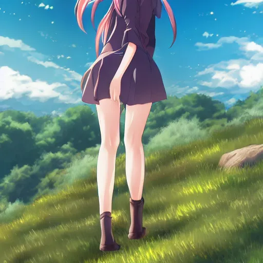 Image similar to anime, full body, girl standing in the top of hill, pixiv, illustration