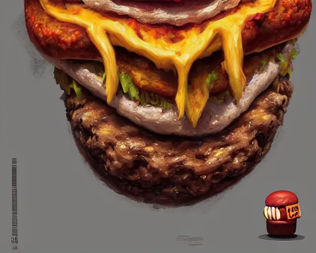 Prompt: a monster with a hamburger head, made of burgers and french fries, 5 7 9, detailed mouth, detailed eyes, surrealist oil painting, highly detailed, dramatic lighting, hyperrealistic, smooth, artstation, cgsociety, by artgerm, by wlop