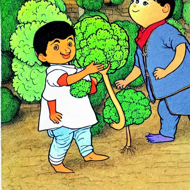 Prompt: professional kids book illustration of a South Indian !toddler! boy walking pulling a friendly anthropomorphic broccoli out of the ground, best on artstation,, astonishing, impressive, outstanding, cheerful, stunning, masterpiece by Beatrix Potter.